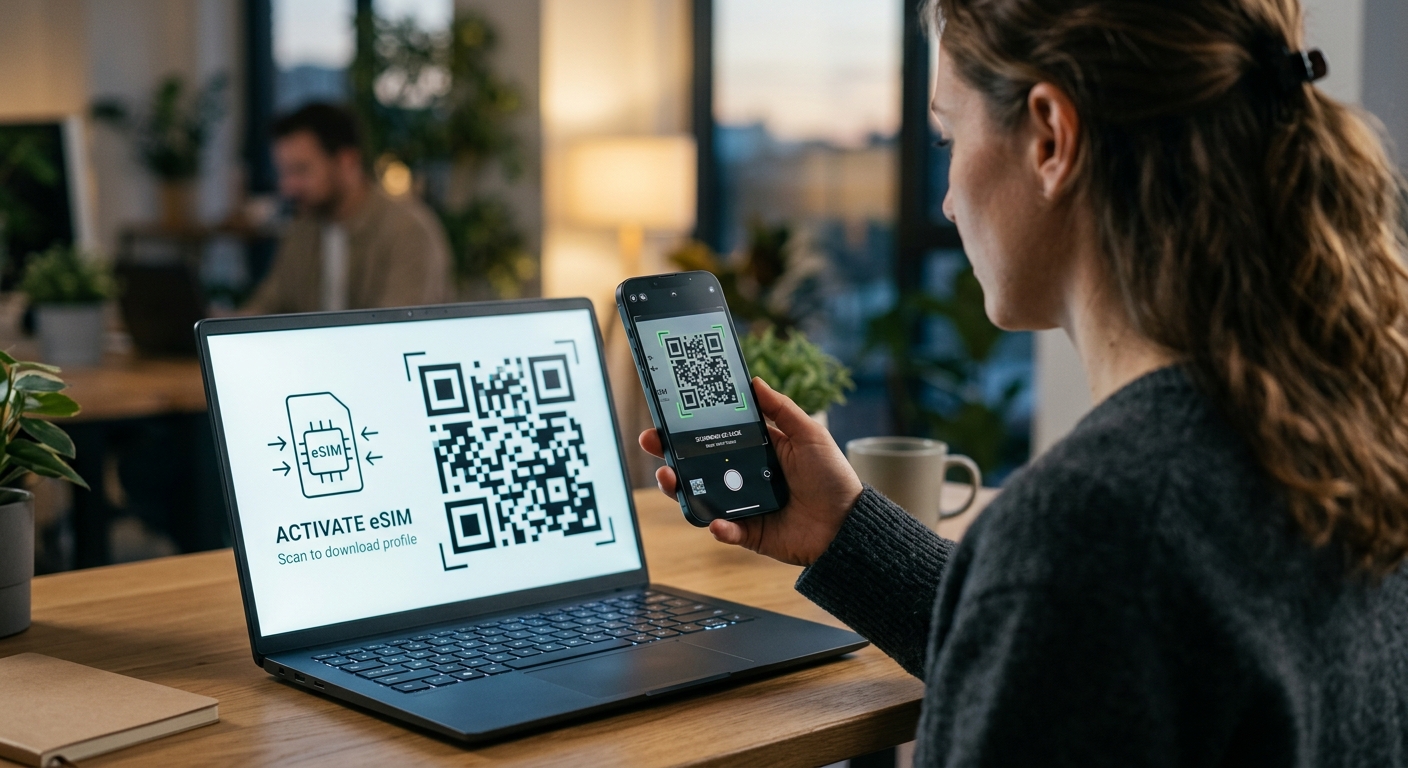 אישה סורקת קוד QR להפעלת כרטיס eSIM באמצעות סמארטפון מתוך מסך מחשב נייד